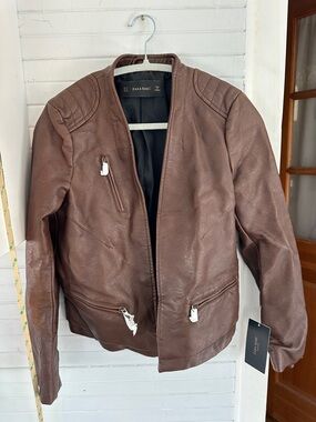 Zara Brown Faux Leather Bomber Jacket